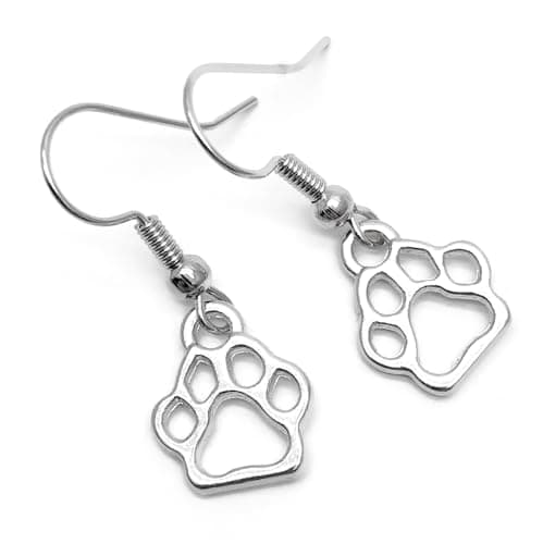 Image of Paw Print Charm Earrings, Tibetan Silver Dog Cat Charms on Nickel Free Hooks : 30mm, Pet Owner Gift for Women, Animal Cat and Dog Lover