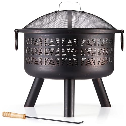 Image of VonHaus Fire Pit – Firepit for Outdoor, Garden, Patio – Portable, Lightweight with Geometric Design, Brown Bronzed Steel, Fire Poker & Mesh Guard Included, Carry Handles – Use Wood or Charcoal to Fuel