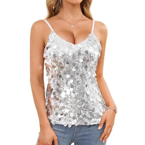 Image of JASGOOD Sequin Tops for Women Sparkly Tank Top Vest Sleeveless V Neck Glitter Strappy Camisole Concert Outfits Party Night, Silver, M