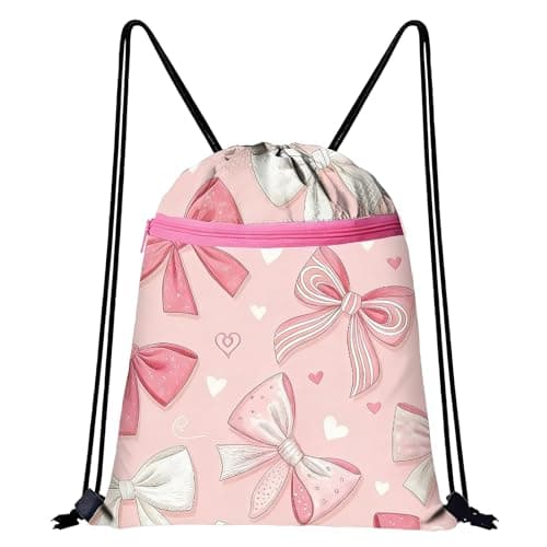 Image of LEBKFT Pink Bow Drawstring Bag, Waterproof Swim PE Bag for Women and Girls Large Capacity Draw String Gym Bag Cute Coquette Sports Backpack for School Swimming Travel Fitness Hiking Picnic (Type B)