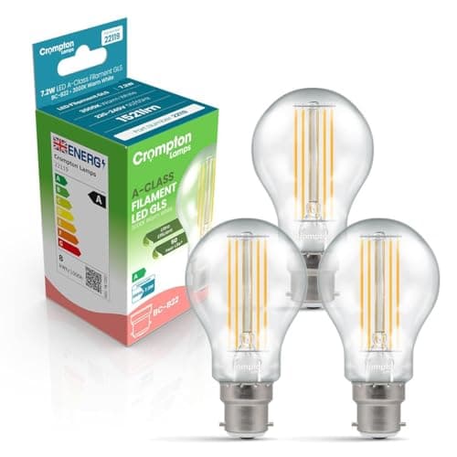 Image of Crompton Lamps LED Ultra-Efficient GLS 7.2W BC-B22d A-Class (3 Pack) (100W Equivalent) 3000K Warm White Clear 1521lm BC Bayonet B22 Energy Efficient Filament A-Rated Multipack Light Bulbs