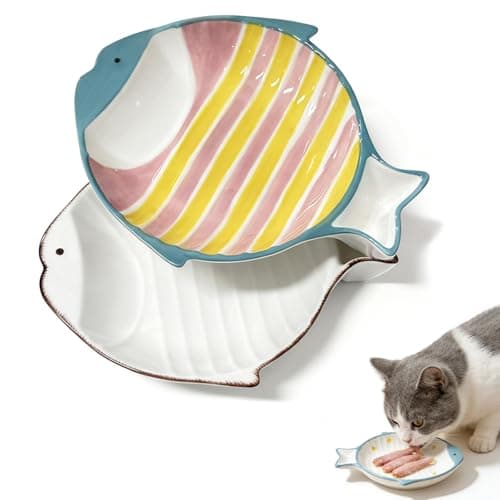Image of 2 Pack Ceramic Cat Food Bowl Set, Cute Fish, Shallow Wide Flat, Colorful, Whisker Fatigue Cat Dishes for Food, Kitten Food Bowl, for Small Flat Pet Kitten Feeding Plates for Wet/Dry Food, Stripe