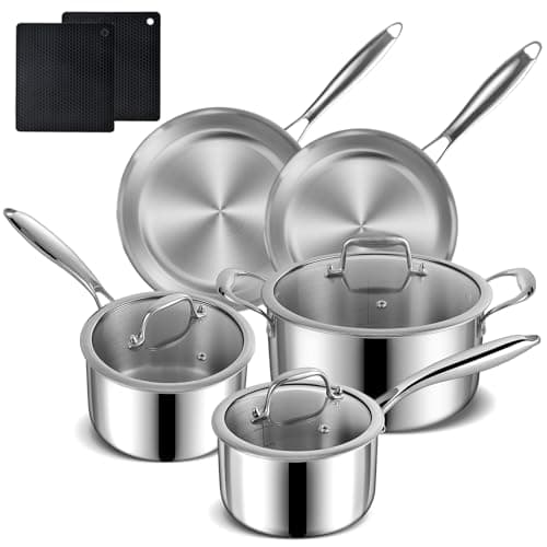 Image of 10pcs Stainless Steel Pot and Pan Set – Induction Hob Pots and Pans Non Stick – 24cm Casserole with lid, Saucepan with Lid and Frying pan, PFOA Free Kitchen Cookware Set, Oven Safe