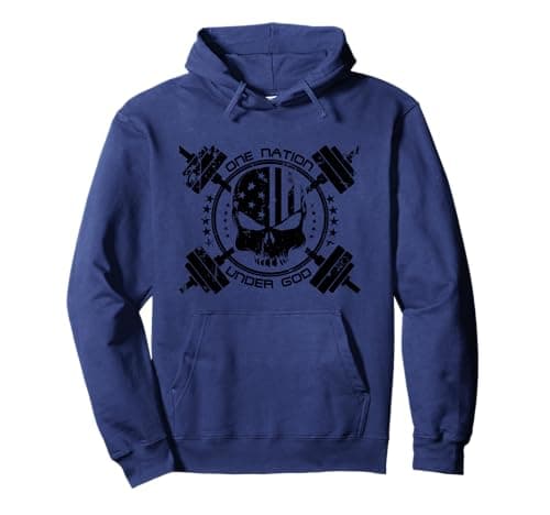 Image of One Nation Under God Skull Barbells American Flag Gym Pullover Hoodie