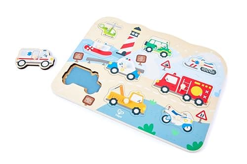 Image of Hape Emergency Vehicles Peg Puzzle 18M+, Wooden Toddler Puzzle with Easy-Grip Pegs, Rescue Vehicle Learning Toy