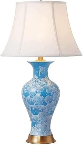 Image of HJZZQH Table Light Nightstand Lamp Clay Crystal Glaze Ceramic Table Lamp American Brass Bedside Lamps Nightstand Lamp Fabric Lampshade Table Lamps Table Lamps for Bedroom (A Dimmer Switch)