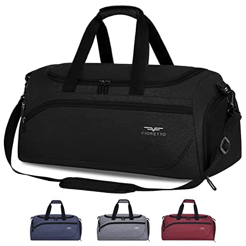 Image of FIORETTO 35L Mens Sports Gym Bag with Wet Pocket & Shoe Compartment,Travel Duffle Overnight Bag with Padded Shoulder Strap, Water-Resistant Sports Holdall for Swimming, Basketball Black