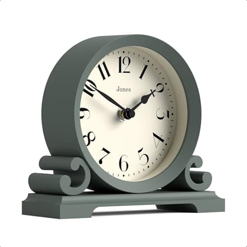 Image of Jones Clocks® Saloon mantel clock | Small traditional double scroll design | Green | Contemporary classic style for desk, table, shelf or bedside