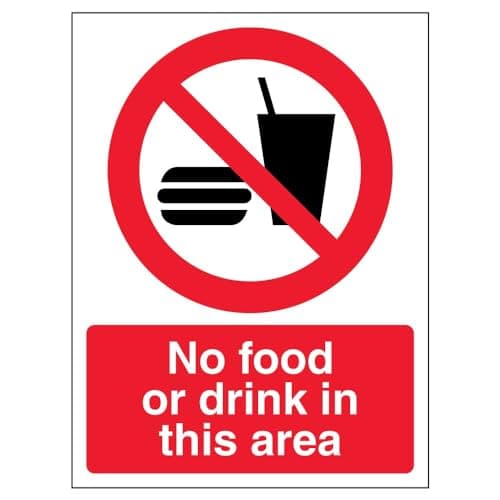 Image of V Safety No Food Drink In This Area Sign - 150mm x 200mm - Self Adhesive Vinyl