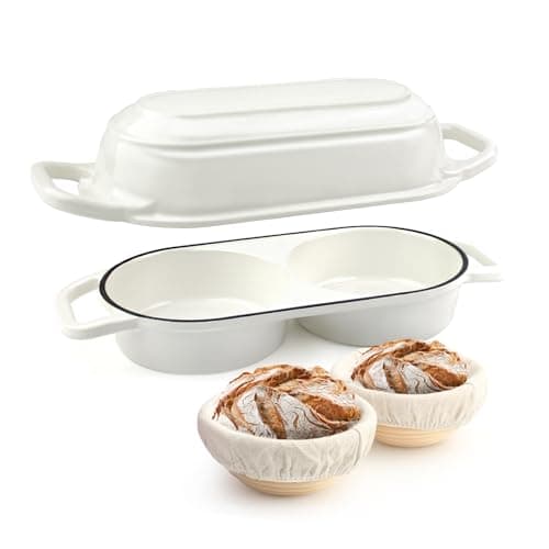 Image of YONILL Mini Double Dutch Oven for Sourdough Bread Baking - Enameled Cast Iron Dutch Oven Pot with Lid and 5" Banneton Bread Proofing Basket Kit, Dual Round Bread Loaf Pan for Homemade Baking (White)
