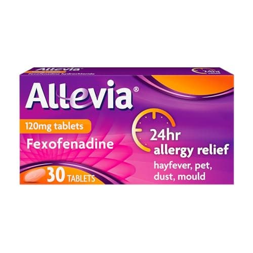 Image of Allevia Hayfever Allergy Tablets, Prescription Strength 120 mg Fexofenadine, 24hr Relief Acts Within 1 Hour, Including Sneezing, Watery Eyes, Itchy and Runny Nose, 30 Tablets