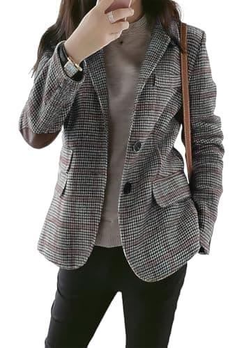 Image of ebossy Womens Vintage Nothced Lapel Single Breasted Boyfriend Blazer Suits Houndstooth Plaid Jacket Coat with Patched Elbow, Grey, S