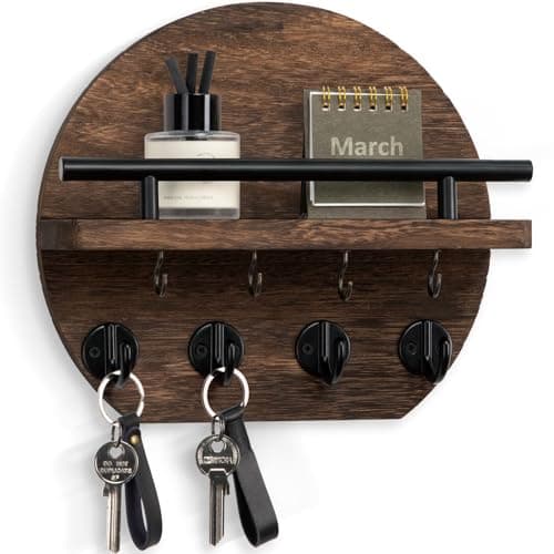 Image of Nekon Key Holder for Wall - 9.8 Inch Apartment Wall Decor with Shelf and 8 Key Hooks, Circular Wood Key Hanger for Home Decor (Brown)