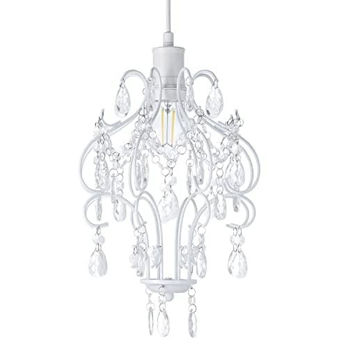 Image of Traditional Matt White Shabby Chic Chandelier Style Pendant Ceiling Lamp Shade with Acrylic Beads and Droplets | 31cm x 24cm by Happy Homewares