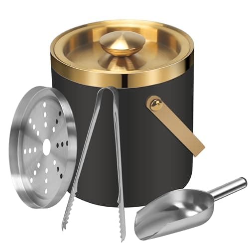Image of VirtuGro Ice Bucket, 2L Double Walled Insulated Small Ice Bucket with Lid and Tongs, Scoop, Strainer, Stainless Steel Champagne Bucket for Parties Home Bars Restaurant BBQs, Black and Golden