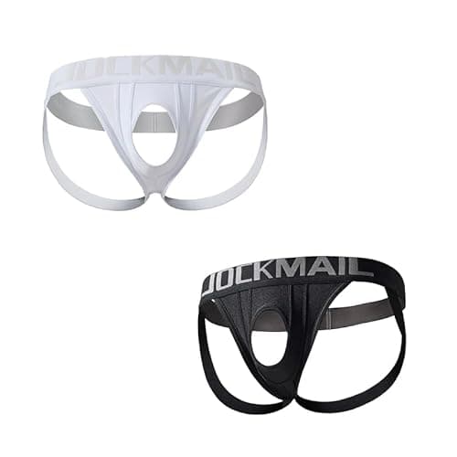 Image of JOCKMAIL Men's 2-Pack Jockstrap Underwear Low Rise with Open Front Jockstrap Breathable Jock Straps for Gym Training & Daily Wear (UK, Alpha, M, Regular, Regular, black+white)