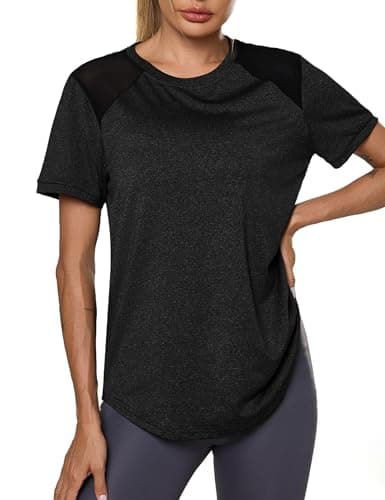 Image of Terecey Women Short Sleeve Workout Shirts Back Mesh Tops Casual Slouchy Yoga Athletic Gym T-Shirt Long Activewear Round Neck Workout Tee for Pilates Yoga Training, Black M