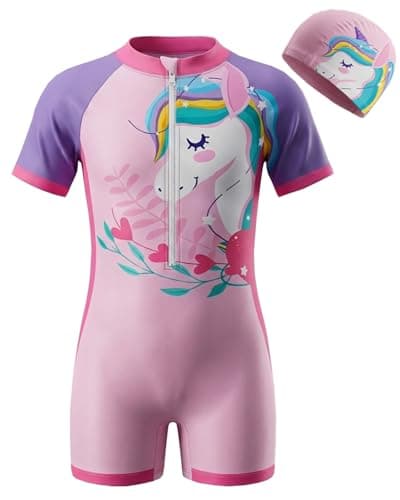 Image of Moneric Girls One-Piece Swimsuit Pink Ruffled Kids Swimwear UV Protection Quick Dry Bathing Suit for 4-6 Years Toddler Girls Beach Pool