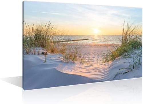 Image of TISHIRON Wall Art Sandy Beach Sunrise Pictures Painting on Canvas Wall Art Modern Framed Seaside Canvas Prints Ready To Hang(24X16in)