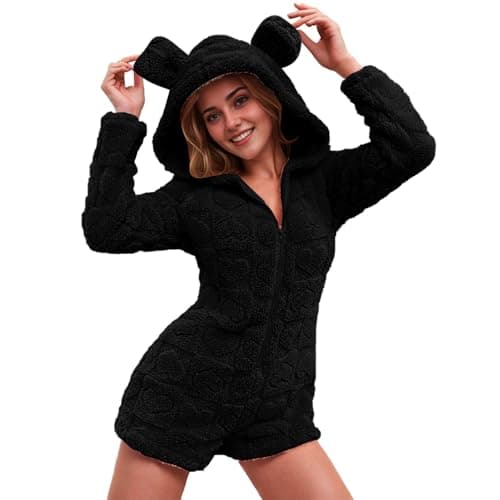 Image of OVARA Women’s Nightwear Onesies Shorts Warm Fluffy Pyjamas Zip Up Long Sleeve Fleece Onesie Ladies Comfy Soft Loungewear Sleepwear All In One Hooded Onesies