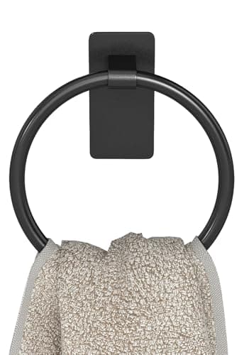 Image of Black Towel Ring, STWWO 304 Stainless Steel 6.6″ Self Adhesive Hand Towel Holder for Bathroom, Kitchen, No Drill Required, Bathroom Accessories