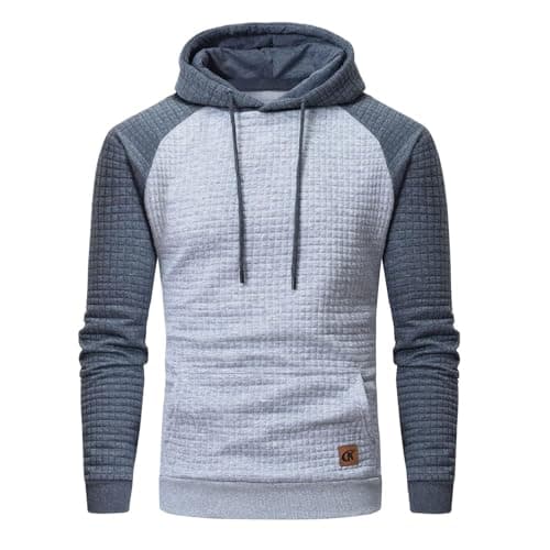 Image of YuKaiChen Men's Hoodies Pullover Hooded Sweatshirts Long Sleeve Patchwork Plaid Jacquard Drawstring Casual Hoodie with Pockets Lightgrey-Grey M