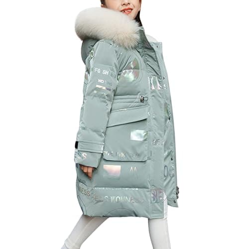 Image of De feuilles Kids Girls Hooded Padded Coat Winter Warm Mid-Length Jacket Solid Color Shiny Letter Print with Faux Fur Hooded Green,7-8 Years