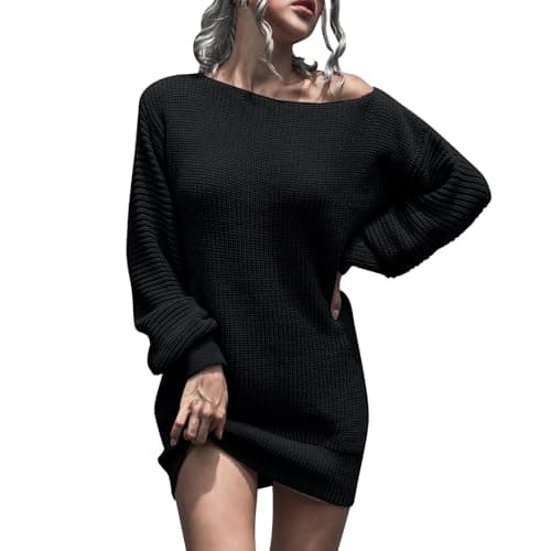 Image of Zeiayuas Jumper Dress for Women Elegant Long Sleeve One Shoulder Midi Dresses Casual Office Work Knitted Jumpers Dress Loose Tunic A-Line Sweater Dresses Black