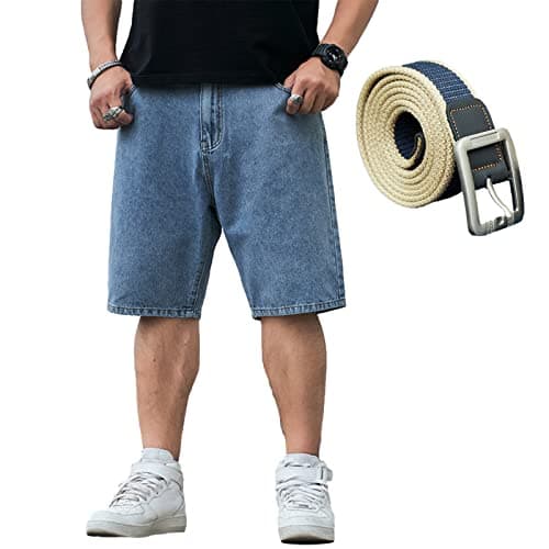 Image of ANUFER Men's Wide Fit Casual Jeans Shorts Big Size Denim Half Pants with Belt Light Blue SN070449 44W