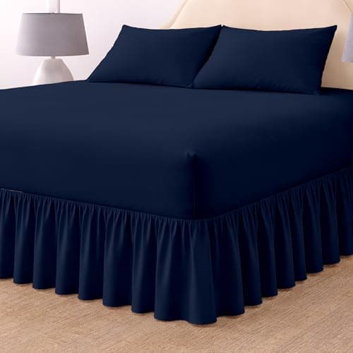 Image of Rohi Deep Fitted Valance Sheet Double Bed - Easy Care Plain Dyed Valance Fitted Sheet with 30cm Deep Frill - Hypoallergenic - Fit over Mattress (Double, Navy Blue)