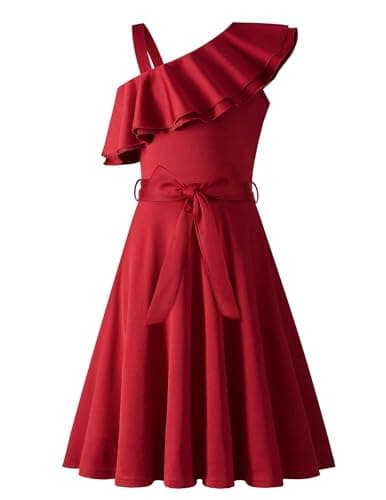 Image of Arshiner Girls' Dark Red One-Shoulder Summer Dress, Size 11-12 Years, Midi Length, Sleeveless, Ruffle Neck, A-Line, Fitted Waist, Party Dress for Girls 5-13 Years