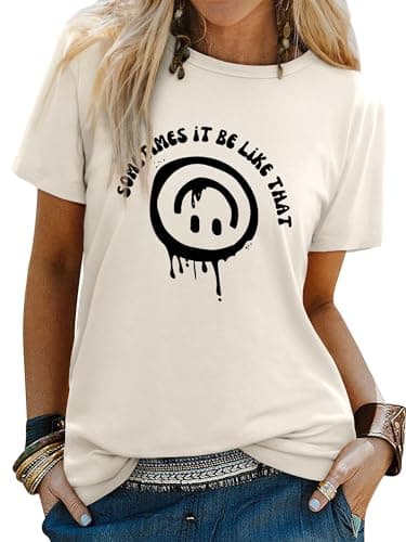 Image of WIEIYM T Shirt Women Crew Neck T-Shirts Summer Tee Smile Graphic Slogan Tshirt Something It Be Like that Unisex Basic Tops