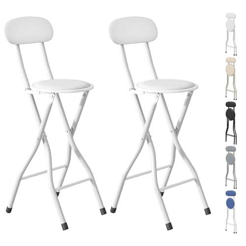 Image of mcc direct Folding Bar Stool Set of 2, Breakfast Barstool Kitchen Restaurant Seating, Faux Leather Foldable Chair with Metal Frame, Padded High Chair(White)
