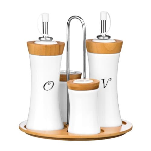 Image of Premier Housewares 1103947 4-Piece Bamboo/Ceramic Concave Condiment Set,White,H19 x W19 x D9cm