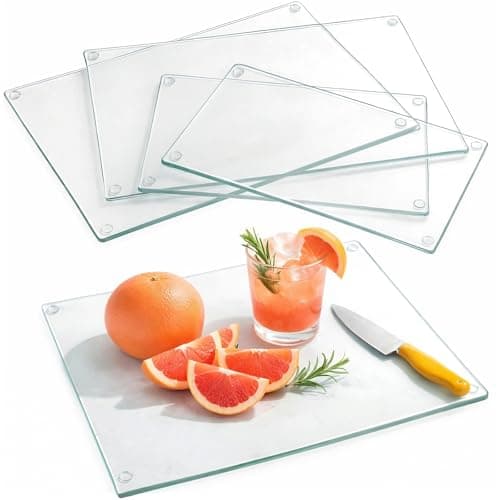 Image of Hacaroa 4 Pack Tempered Glass Cutting Board with Rubber Feet, Rectangle Non-Slip Chopping Board, Long Lasting Clear Glass Tray for Kitchen Countertop, Table, Shatter-Resistant, Heat-Resistant, 2 Size