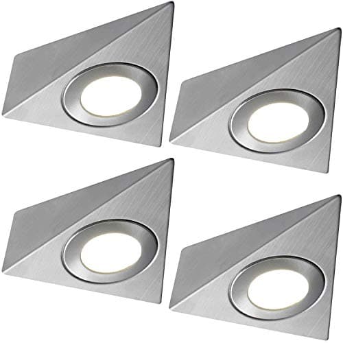 Image of 4 Pack | *240V Mains* LED Triangle Under Cabinet Kitchen Spotlights | Brushed Nickel & Warm White | Surface Mounted Light Fittings | Cupboard Worktop Counter Unit Lighting Kit | Loops