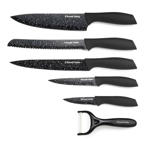 Image of Russell Hobbs 6-Piece Knife & Peeler Set – Chef’s/Bread/Carving/Utility/Paring Knives, Marble-Effect Non-Stick Coated Blades, Soft-Touch Ergonomic Handles, Hand Wash, Black