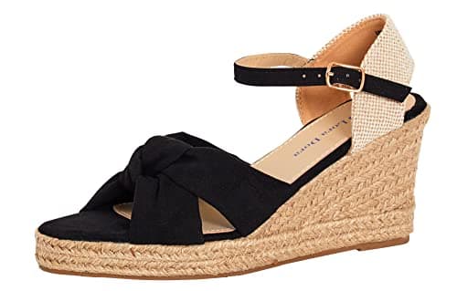 Image of Womens Open Toe Wedge Sandals Espadrille Wedges Strappy Hessian Ankle Wrap Shoes Black UK 6