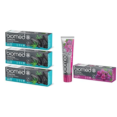 Image of Biomed Charcoal Natural Toothpaste for Triple Whitening and Gum Care 100 g (Pack of 3) & Sensitive Natural Toothpaste for Enamel Strengthening, 100 g (Pack of 1)
