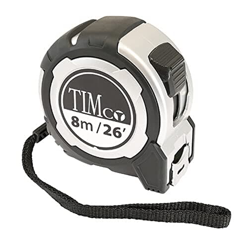 Image of TIMCO 8M Tape Measure - 8m/26ft x 25mm - With locking button, belt clip and hand strap - Metric and Imperial tape measure