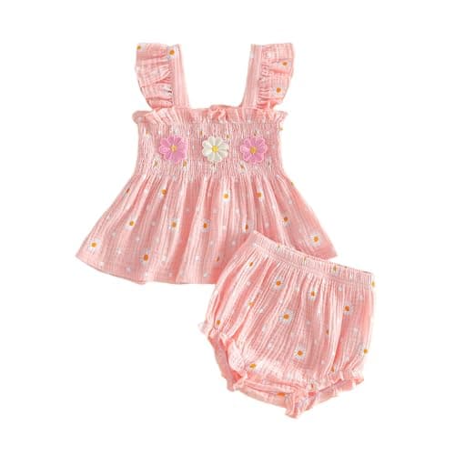 Image of BeliBacca Newborn Summer Clothes Baby Girl Flying Sleeve 3D Flower Daisy Print Smocking Ruffle Tank Tops Shorts Set Cute Infant Girl 2 Piece Cotton Linen Outfits (Pink, 3-6 Months)