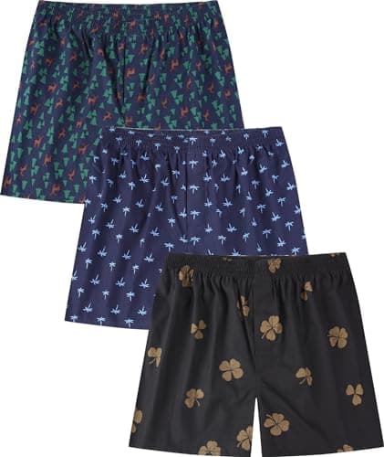 Image of Jveyvth Mens Boxers 100% Cotton Boxers Briefs, Printed Woven Comfortable Boxer Underwear, Loose Fit Boxers for Men 3 Pack