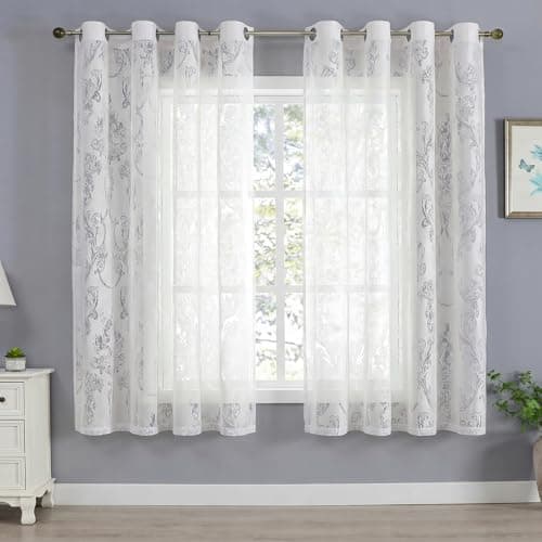 Image of White Floral Jacquard Voile Curtains - Vintage Damask Eyelet Net Curtains, Semi Sheer Light Filtering Drapes for Living Room & Bedroom, French Shabby Chic Elegance (2 Panels)-W52 x L63 inch