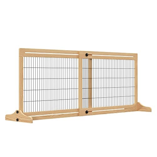 Image of PawHut Freestanding Dog Gate, Foldable Pet Fence, Indoor Wood Barrier, Stair Gate with Support Feet, for Doorway, Hallway, Small and Medium Dogs, 69H x 104-183 cm, Natural Wood Finish