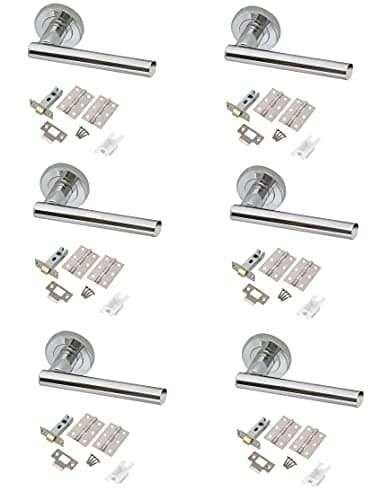 Image of Golden Grace T-Bar Door Handles on Round Rose in Polished Chrome with Hinges & Tubular Latch, 6 Sets