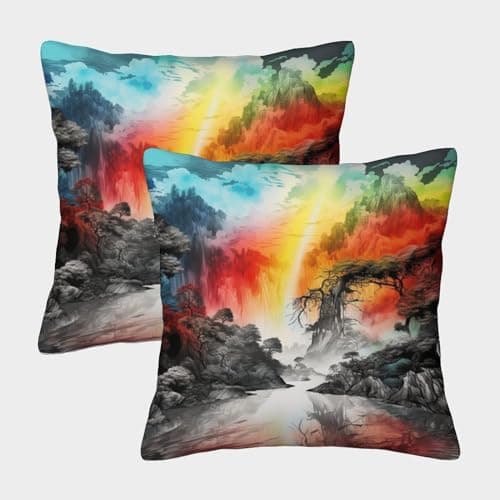 Image of KKOLASXZE Rainbow Falls Cushion Cover Set of 2 Decorative Machine Washable Pillowcases Square Cushions with Invisible Zipper Cushion Covers for Living Room Sofa Couch Bed Throw Pillow Cases 45x45cm