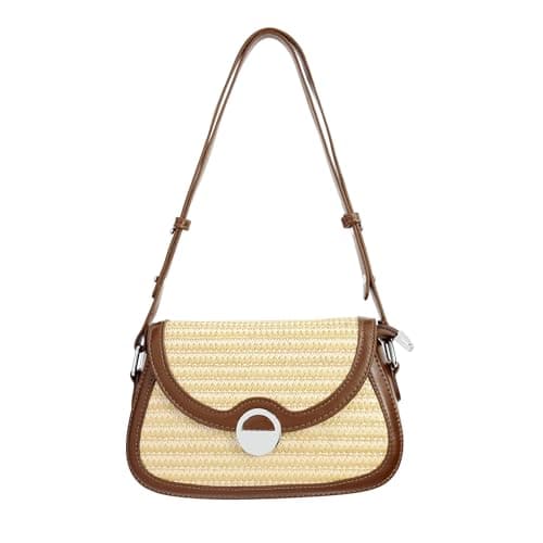 Image of Faletony Straw Bags for Women Summer Leather Stitching Straw Crossbody Bag Beach Woven Flap Bag Handbag Shoulder Purse Brown