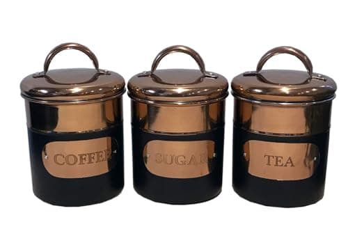 Image of Black & Copper Metal Tea Coffee Sugar Storage Canister Set Jar Pots Tins