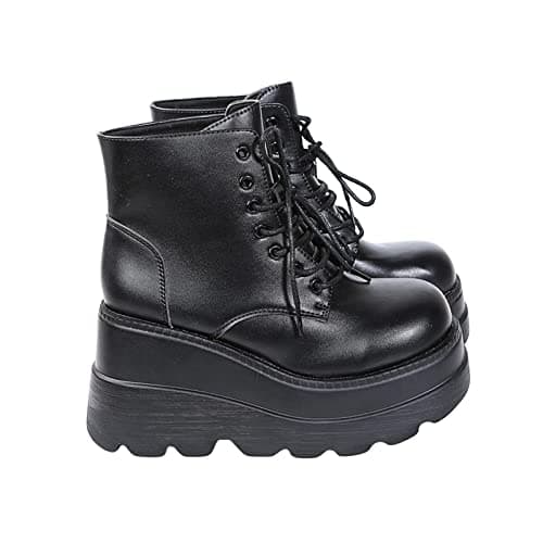 Image of Women's Patent Ankle Boots Platform Gothic Boots Lace up Chunky Combat Wedge Booties Lolita Windbreak Motorcycle Bike Riding Shoes Suitable for Business Party Work Dance Date Disco