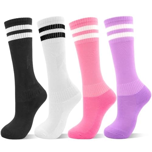 Image of DECOVICI Kids Football Socks for Girls and Boys 4 Pairs, Knee High School Socks for Children, Soft Striped Socks for Junior Age 3-13 Rugby Daily Running Training,(7-13Years，Black+White+Pink+Purple)